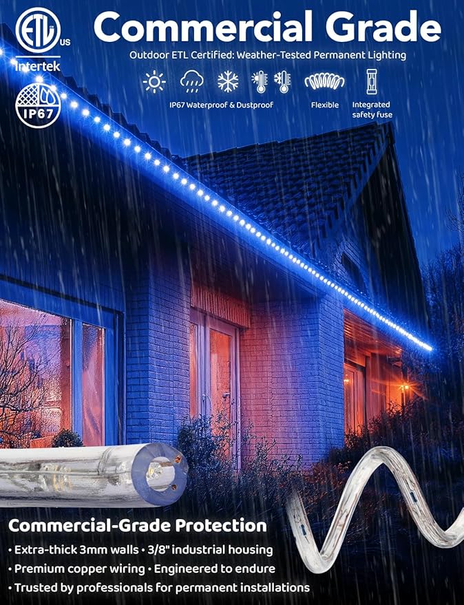 WYZworks 108LEDs 10ft LED Outside Rope Lights, Outdoor ETL Certified Waterproof Permanent 360 Degree Light Emitting, Flexible Tube, Connectable, Christmas Palm Tree Exterior Landscape, Blue