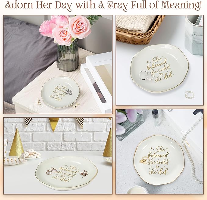 OASSIE Graduation Gifts for Women - 4x4 Round Ceramic Jewelry Dish Tray - Inspirational College High School Graduation Gifts for Friends Sister Women