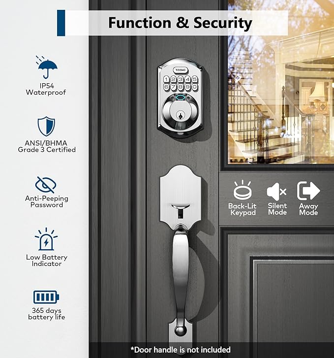 TEEHO TE002 Fingerprint Door Lock - Keyless Entry Electronic Keypad Deadbolt with 2 Backup Keys - Auto Lock - Easy Installation - Smart Locks for Front Door - Satin Nickel