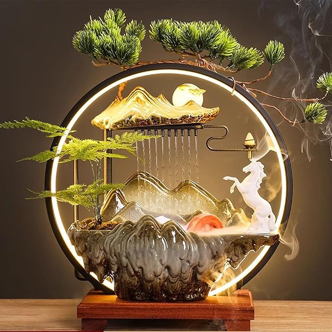 LED Halo Reflux I, Ceramic Zen Ornament with Rain Curtain Flowing Water Waterfall I Sitting, Suitable for Home Office Yoga Meditation Use