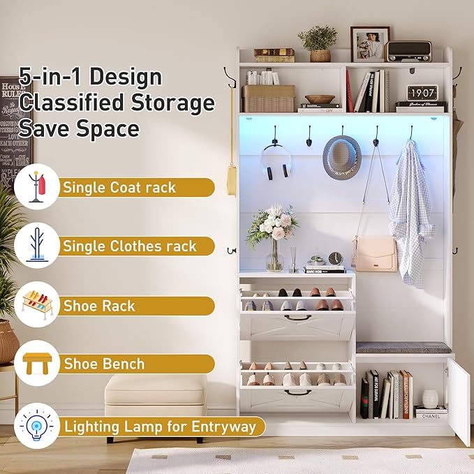 Maupvit Entryway Hall Tree with Bench and Shoe Storage, 5-in-1 Narrow Hall Tree with LED Light, Cushioned Stool & 9 Hooks, 2 Flip Drawers, 78" Coat Shoe Rack for Mudroom, Hallway, Living Room, White