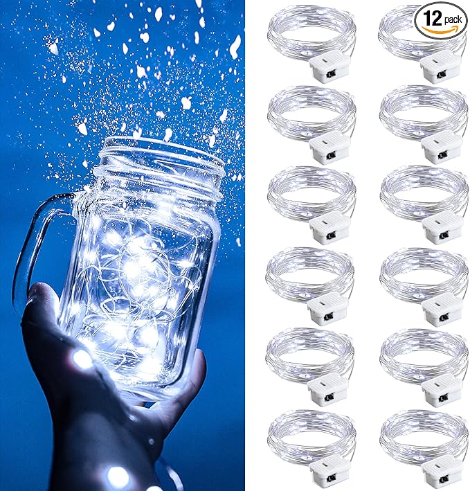 ZGWJ Fairy Lights Battery Operated, 12 Pack White 20 LED 7ft Mini Stirng Lights Waterproof 3 Lighting Modes for Bedroom Decor, Easter, Halloween, Christmas, Party Indoor and Outdoor Decoration