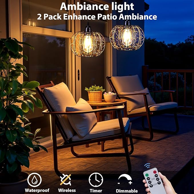 Battery Operated Hanging Outdoor Chandelier, Battery Operated Gazebo Pendant Light Outdoor Waterproof, No Wiring, Powered by 4 AA Batteries, for Gazebo, Porch, Pergola, Decor Lighting (2)