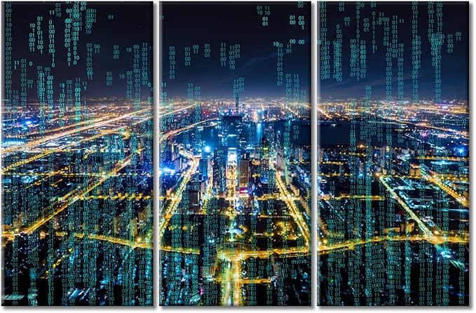 3 Pieces Abstract Futuristic PCB Pattern and CPU Poster Home Decor Modern City with Wireless Network Connection Artwork Wall Art for Living Room Print on Canvas Framed Ready to Hang ((42"Wx28"H)
