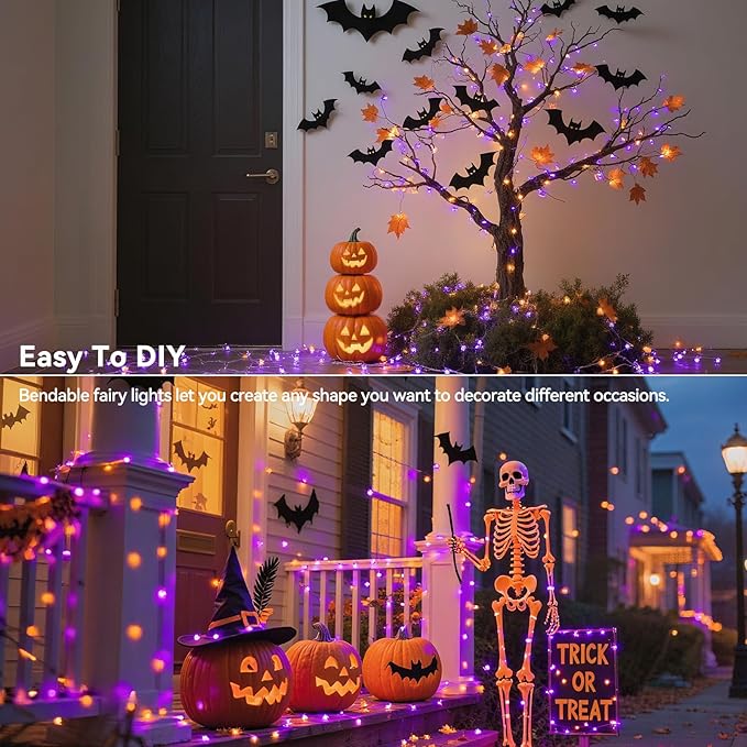 4 Pack 240LED Halloween Fairy Lights Battery Operated - 20FT Twinkle Lights with 2 Lighting Modes Indoor, Waterproof Led Fairy String Lights for Christmas, Bedroom, Dorm, DIY Decor, Purple & Orange