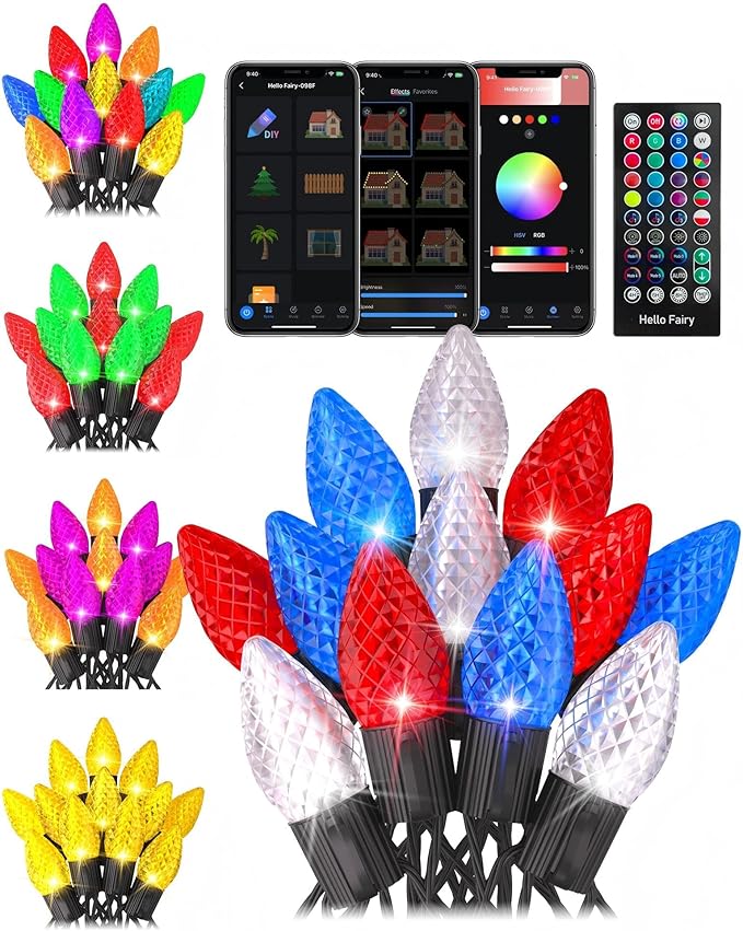 Patriotic Decorations - Smart C9 Christmas Lights Outdoor RGB, 66Ft 100 LEDs Dynamic 4th of July Decorations DIY Chasing Effects APP Remote Controlled, Waterproof, Music Sync Lights for Roofline Fence