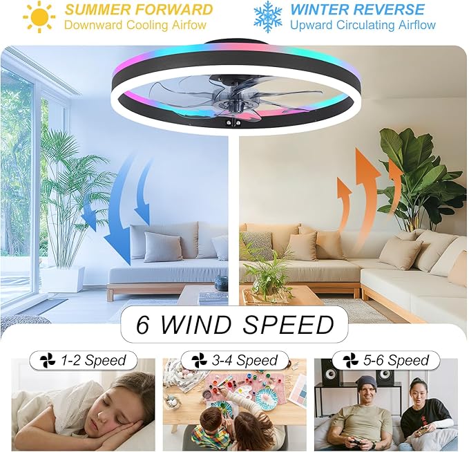 RGB Ceiling Fans with Lights, 20" Fandelier Low Profile Ceiling Fan with Light, Modern Flush Mount Ceiling Fan Light with Remote/APP Control, Bedroom Chandelier Fan Fixture for Indoor(Black)
