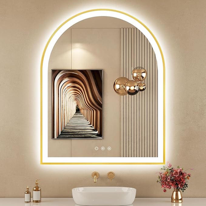 30"x36" Arched LED Mirror for Bathroom, Brushed Gold Lighted Bathroom Mirror with Lights, Fogless, Dimmable, Shatterproof, Touch Sensor, 3 Color Changing