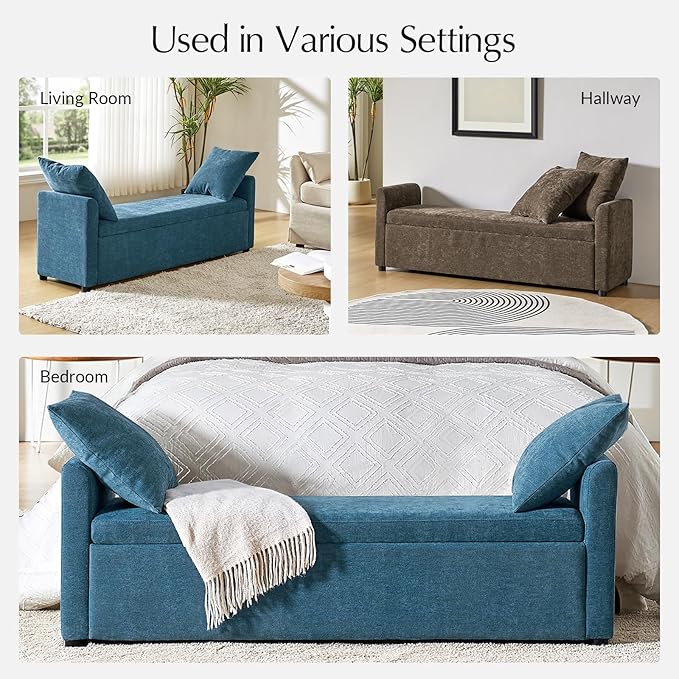 59.5" Modern Storage Ottoman Bedroom Bench, End of Bed Benches with Arms and Throw Pillows, Footrest Stool for Living, Dining Room, Entryway and Hallway, Teal