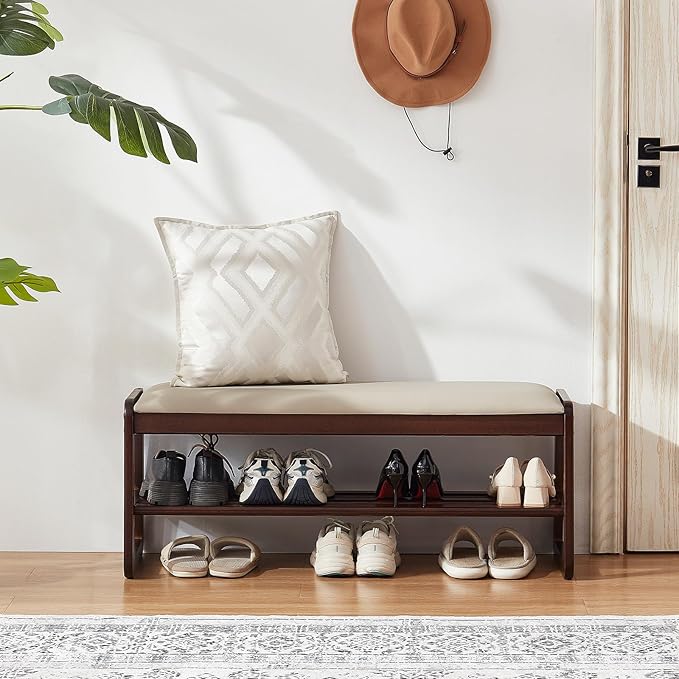 Shoe Rack Bench,2 Tier Wooden Entryway Bench with Shoe Storage, Shoe Rack with Cushion for Living Room, Hallway(Pu Beige, 39.4")
