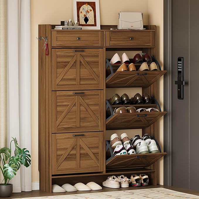 Shoe Cabinet for Entryway, Farmhouse Shoe Storage Cabinet with 6 Flip Drawers and 2 Top Drawers, Tall Narrow Shoe Organizer Cabinet with Adjustable Shelves, Side Hooks and Anti-Tip Kit