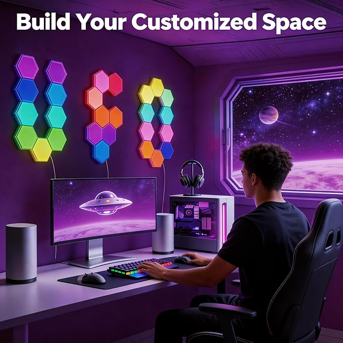 TISOFU Hexagon Lights (8 Pack) LED Wall Panels, RGB Gaming Lights with APP, Smart Modular Panel Hex Tiles Push Glide Expansion Shapes Light