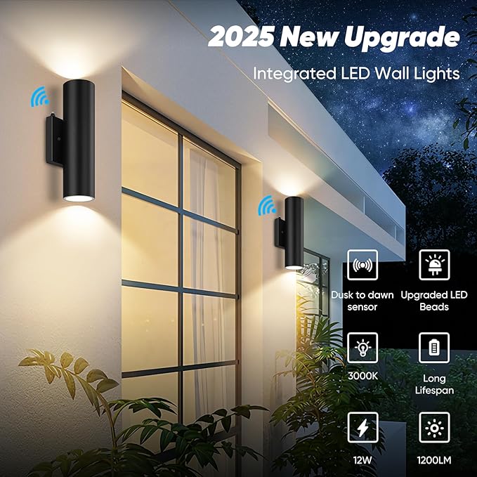 2-Pack Dusk to Dawn LED Outdoor Lighting, 12W Modern Outdoor Wall Light Fixtures, 2700K Porch Lights Wall Mount, Black Exterior Lighting Fixtures, Waterproof Outside Lights for House, Patio