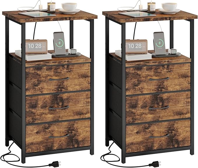 Fixwal Night Stand with 3 Fabric Drawers, Nightstand for Bedroom, Bedside Table with Charging Station End Table with Storage, Rustic Brown (Pack of 2)