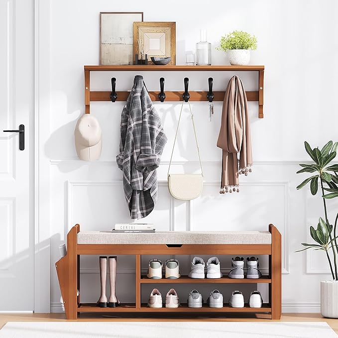 39.4" Bamboo Shoe Rack Bench with Coat Rack, 3-Tier Entryway Bench with Thick Cushion, Flip-Top & Side Baskets, Holds Up to 550 LBS for Hallway, Living Room, Bedroom
