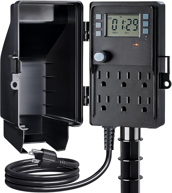 SURAIELEC Outdoor Power Stake, 7-Day Programmable Digital Timer, Power Strip Weatherproof, 6 Multi Plug Electrical Outlet Waterproof, 6 ft Extension Cord for Outside Light, Halloween Decoration