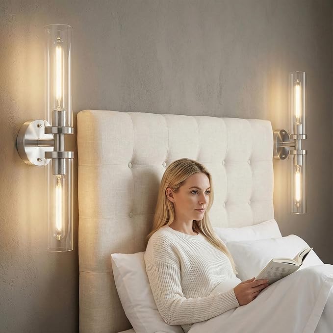 Wall Sconces 2-Pack, Hardwired Bathroom Light Fixtures, Modern Farmhouse Vanity Wall Lighting with Clear Glass Shades, E26 Base Wall Sconce Wall Lights for Bathroom Wall Decor, Brushed Nickel