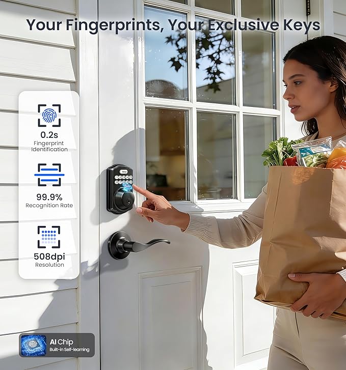 Veise VE012W-B Wi-Fi Fingerprint Smart Lock with Handle Set, Remote App Control, Keyless Entry Front Door Lever, Built-in WiFi No Hub Needed, Backlit Keypad Deadbolt, Auto-Locking, Matte Black