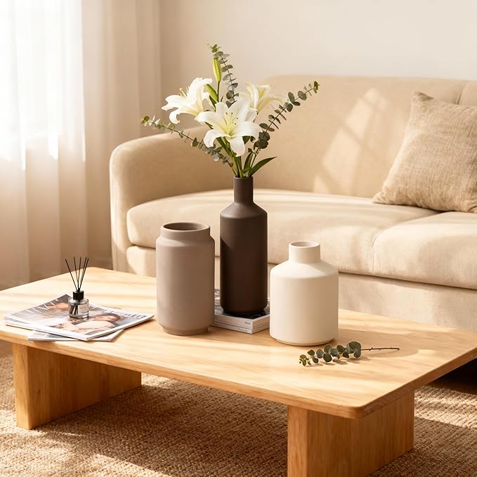 Modern 3 Piece Ceramic Vase Set - Minimalist Home Decor Vases for Living Room, Bedroom, or Entryway - Modern Neutral Table Decor for Flowers or Greenery, Shelf and Mantel Accent