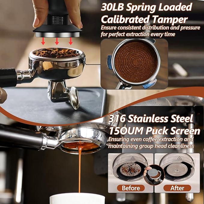 7 Pcs 53mm Espresso Accessories Kit, Spring Loaded Calibrated Tamper, WDT Tool, Coffee Measuring & Espresso Cup and Tamper Mat, Puck Screenr & Dosing Funnel, Fit 54mm Espresso Machine Accessories