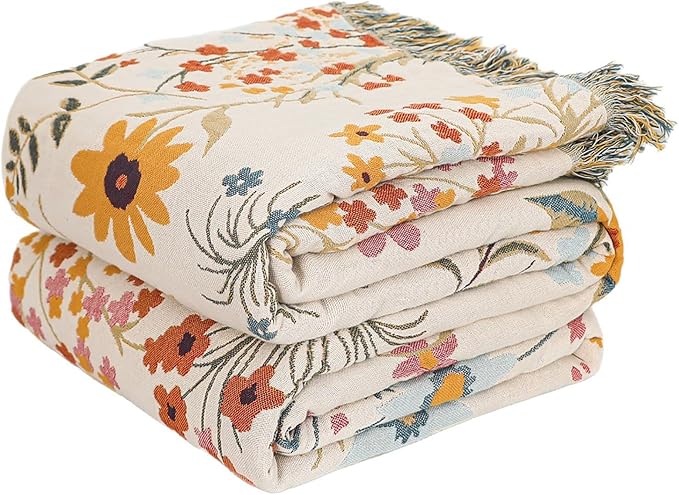 King Throw Blanket for Bed 100% Cotton Boho Soft Rustic Quilt Colorful Floral Reversible Woven Breathable Bed Blanket, All Season Blankets for Bedding Couch Home Decor,90"×98"