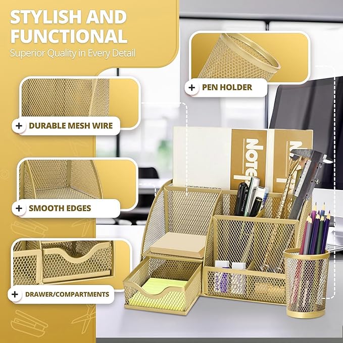 Flexzion Desk Caddy Organizer Set (Gold) - Metal Mesh Desktop Caddy with Drawers, 6 Compartments, and Pencil Holder for Women & Men - Desktop Organizer and Storage for Work or Office Supplies