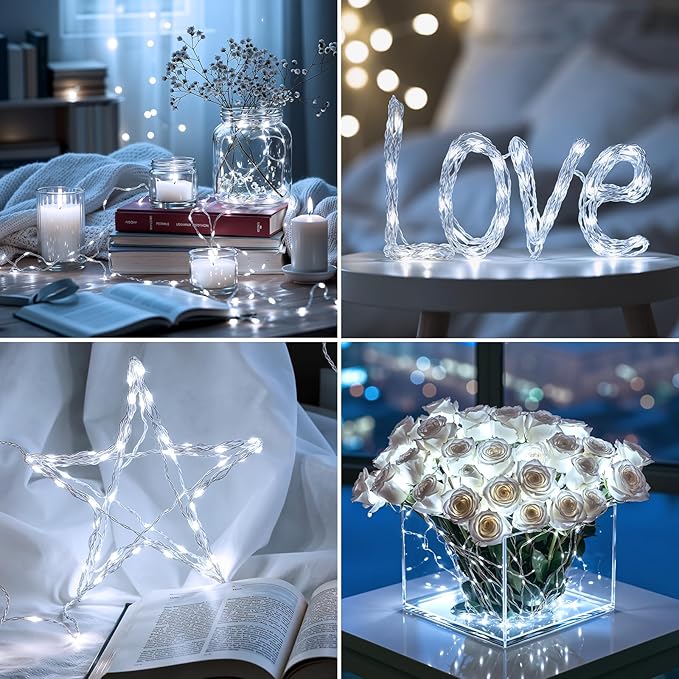 Led Fairy Lights Battery Operated, 33ft 100 LED Outdoor String Lights, Mini Battery Powered Copper Wire Starry Fairy Lights for Bedroom, Christmas, Parties, Wedding, Centerpiece (White)