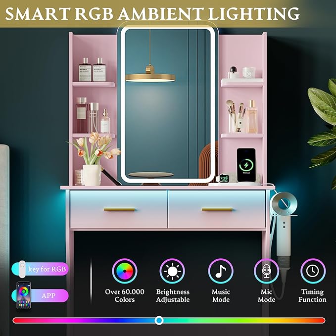 Vanity Desk with LED Lights Mirror & Power Outlet, Small Makeup Vanity Table Set with Storage Drawers, 3 Lighting Modes & Adjustable Brightness, Dressing Table for Women Girls Bedroom, Pink(NO Stool)