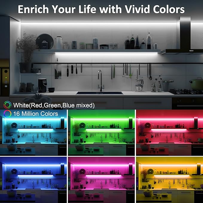 LAFULIT 8 PCS RGB Under Cabinet Lights Kit, App and Remote Control Led Strip Lights, Music Sync Color Changing Led Lights, Plug in Light for Cabinet, Counter, Shelf, Bookcase, 13ft