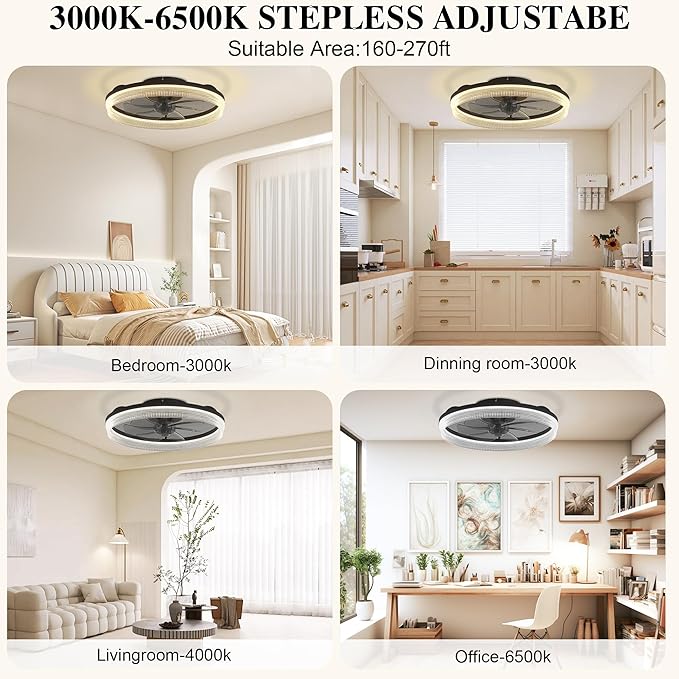 Ceiling Fans with Lights and Remote Fandelier - Black 20'' Flush Mount Low Profile Modern Ceiling Fans for Bedroom - Stepless Color Temperature and 6 Speeds