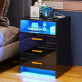 HNEBC Black Nightstand with Wireless Charging Station and Lights, 3 Drawers, Modern Bedside Table with Human Sensor for Bedroom