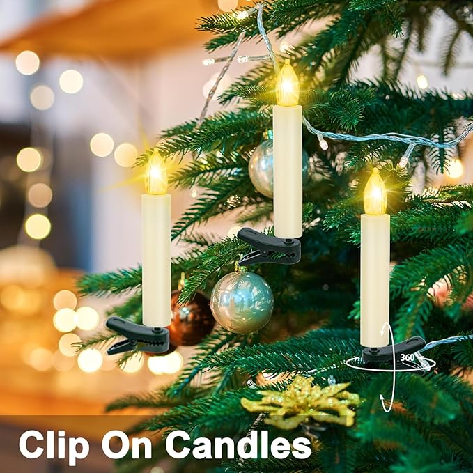 LED Christmas Candles, Flickering Clip on Candles for Christmas Tree, Battery Operated with Remote Timer, Warm White Light, Flameless Taper Candle for Home Christmas Decor, Set of 30