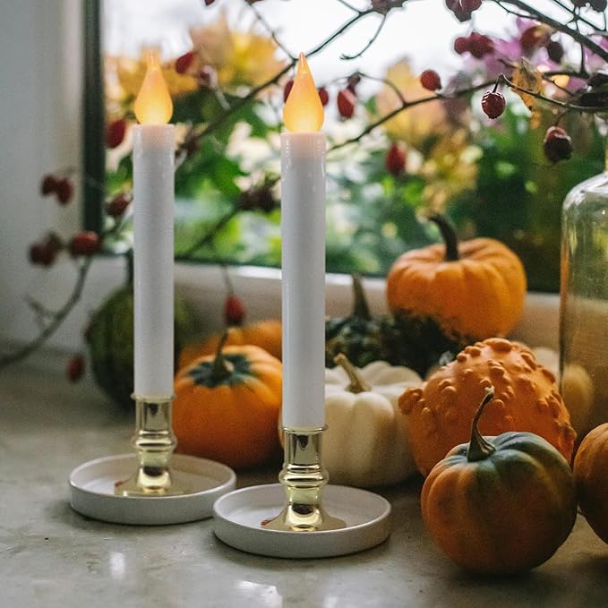 FURORA LIGHTING LED White Taper Candles with Gold Holders Pack of 6 with 5/19 Timer, Elegant Flameless Glow for Home Décor, Batteries Included