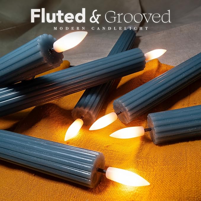 WYZworks 10" Fluted Ribbed LED Blue Grooved Pillar Candles, Remote & 24h Timer Memory, On/Off Switch - Flameless Dimmable Battery Operated w/Flicker Mode, Home Wedding Decor (6 Pack)