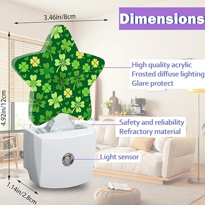 Energy Efficient Nightlights Plug in Wall, Green Shamrock Night Light for Kids Bedroom Decorative, Clover Leaf Dusk-to-Dawn Sensor Sleep Friendly Lamp for Nursery Bathroom Basement