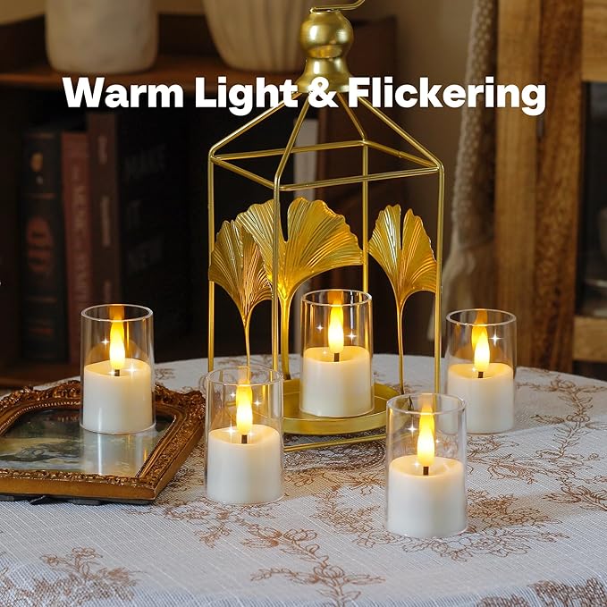 8pcs Battery Operated 1.7" x2.5" Clear Acrylic Remote LED Tea Lights, Flameless 2/4/6/8h Timer Fake Ivory Bulk Votive Candles with Batteries, Flickering Warm Light Pure Plastic Tealights