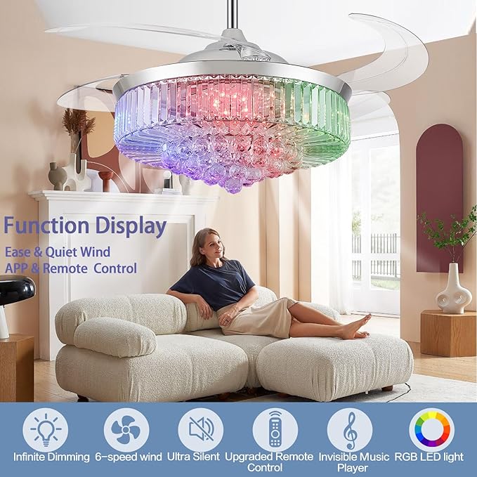 52” Bluetooth Ceiling Fan with Light and Speaker,RGB Retractable Blades Crystal Fandelier Music Player LED Chandelier 6-Speed APP Control Timer Remote for Bedroom Silver