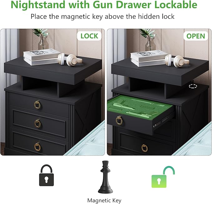 HNEBC Nightstand with Gun Drawers, LED Farmhouse Night Stand with Charging Station, Smart End Table with 3 Color Auto Light, Bedside tabel with Hidden Compartment for Bedroom Furniture-Black