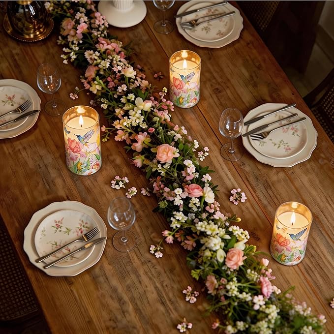 Flameless Candles with Remote, Battery Operated Glass Candles Hummingbird Flickering LED Electric Pillar Candles Real Wax Floral Christmas Decor Set of 3