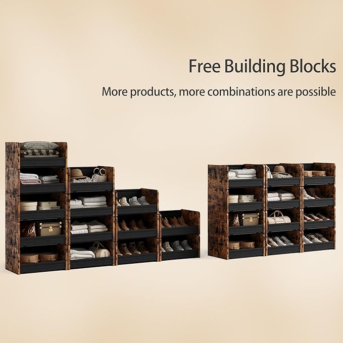 FOUCSSOMEI Closet Organizer and Storage, 4 Tier Stackable Storage Organizer, Wooden & Metal Closet Shelves, Modular Clothes Organizer, Storage Shelf, Bedroom & Closet Organization, Patent Design