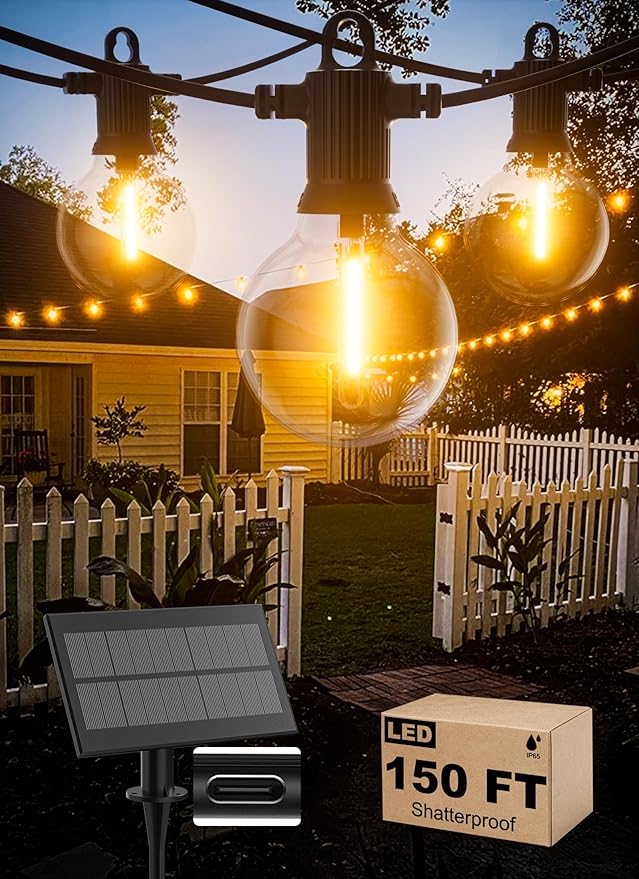 Solar String Lights Outdoor Waterproof 150FT with USB Port and 73 Shatterproof G40 Bulbs(3 Spare), LED Solar Powered Patio Lights for Outside, Porch, Backyard, Gazebo, Garden(Warm White)