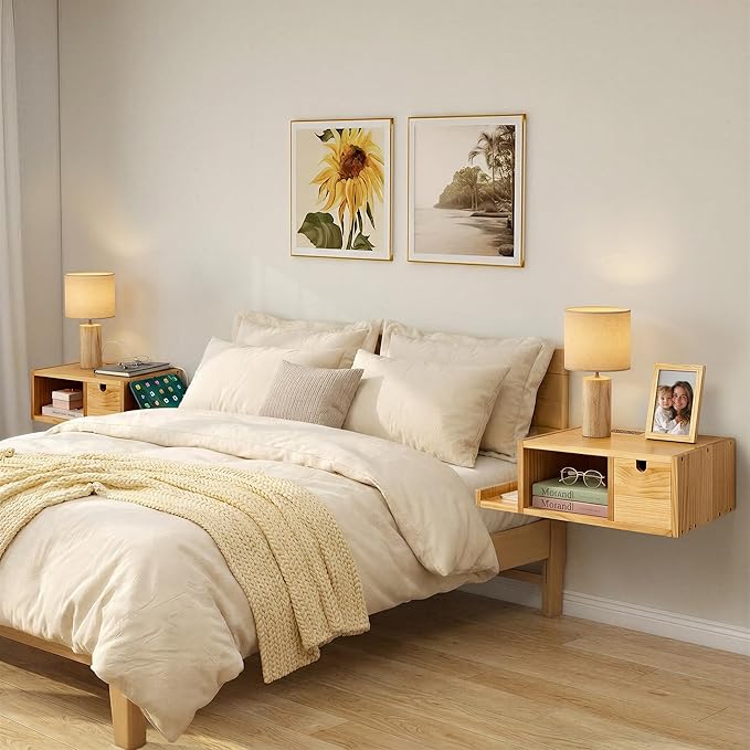 Afuly Floating Nightstand Set of 2 with Charging Station, Wall Mount Night Stands with Drawer Hanging Bedside Table End Table, Solid Wood Modern Side Table Shelf for Bedroom Natural Wooden Decor