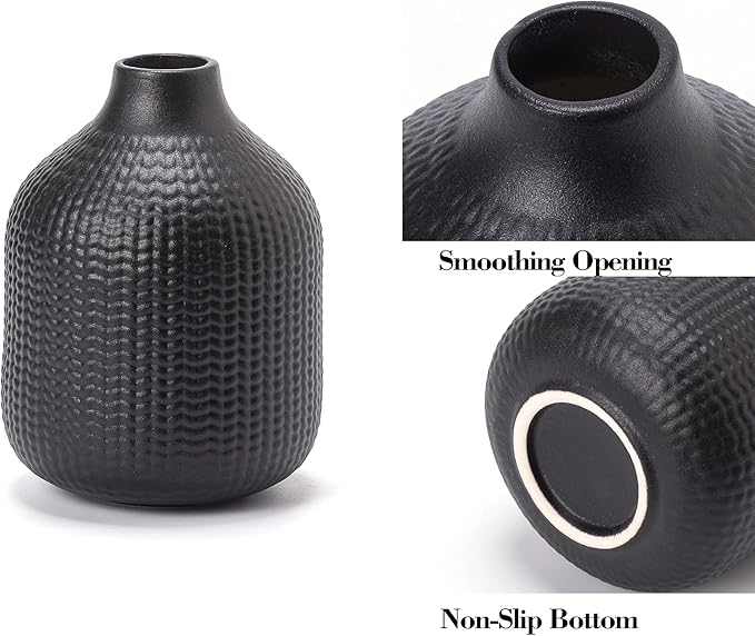 Black Ceramic Vases for Decor, 3 Set Weave Style Modern Minimalist Farmhouse Decoration for Table Shelf, Bookshelf Decoration