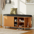 Entryway Bench with Storage: 43.31" Wooden Bedroom Shoe Bench with Thickened Padded Seat Cushion, Mid Century Modern Fluted Sliding Door and Adjustable Shelf, for Entryway, Living Room