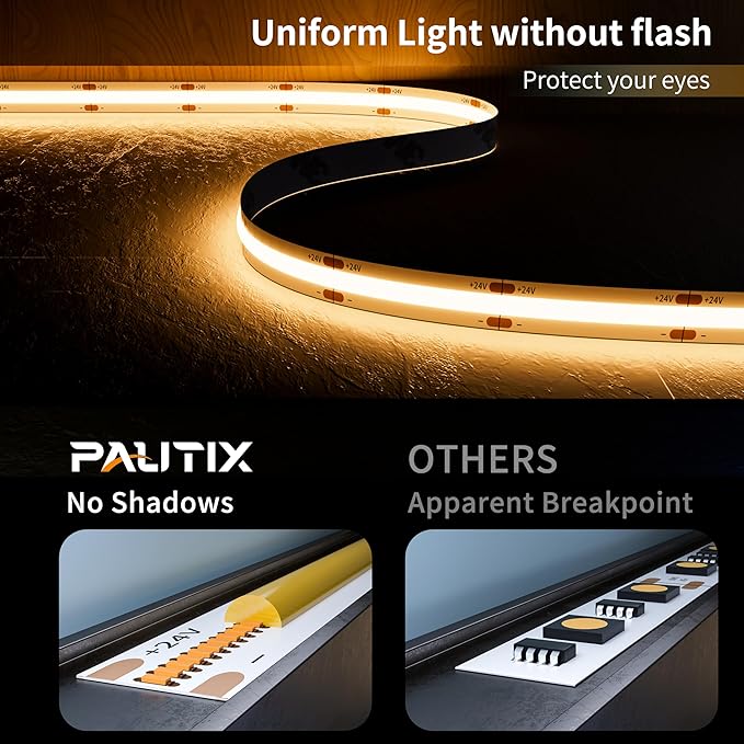 PAUTIX COB LED Strip Light 32.8ft/10m 5040LEDs Warm White 3000K,High Lumen Flexible CRI90+ LED Tape Super Bright DC24V,for Cabinet Home DIY Lighting Projects(Power Supply & Controller Not Included)