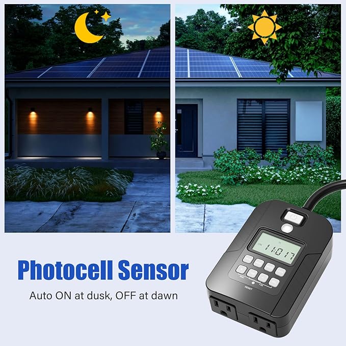 Outdoor Digital Timer for Lights, 7-Day Programmable Plug Waterproof with 2 Grounded Outlets for Landscape String Light, 15A, 1/2 HP UL Listed, 7 Day Dusk to Dawn Programmable Timer
