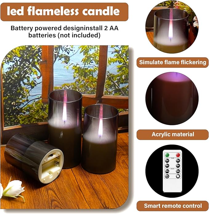 Flameless Candles Upgraded Realistic Flickering Flame,Battery Operated LED Candles with Remote Timers,Acrylic Electric Candles Set of 3(D 3" xH 4" 5" 6")（Grey）