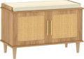 Rattan Shoe Storage Bench with Cushion, 2-Tier Entryway Bench with Adjustable Shelves and 2 Doors, 15" D x 31.5" W x 20" H, Solid Wood Legs, for Hallway, Living Room, Bedroom, Natural Oak