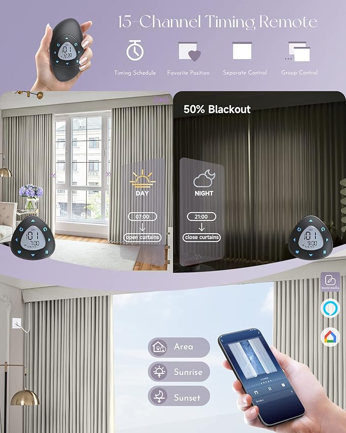 Graywind Hardwired Smart Curtains Motorized Curtains with Remote Alexa Google Control for Sliding Door Room Darkening Drapes One-Way or Split Draw, Custom Width to 220" (Champagne White)