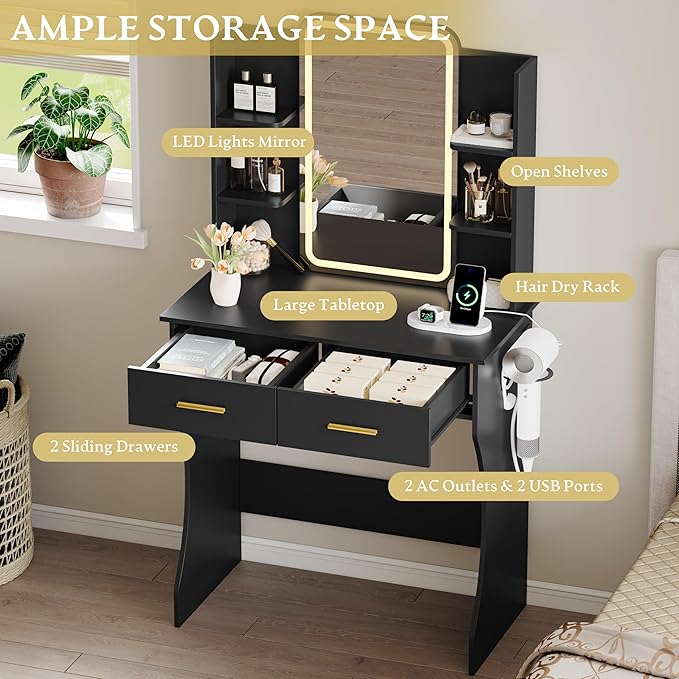 Vanity Desk with LED Lights Mirror & Power Outlet, Small Makeup Vanity Table Set with Storage Drawers, 3 Lighting Modes & Adjustable Brightness, Dressing Table for Women Girls Bedroom, Black(NO Stool)
